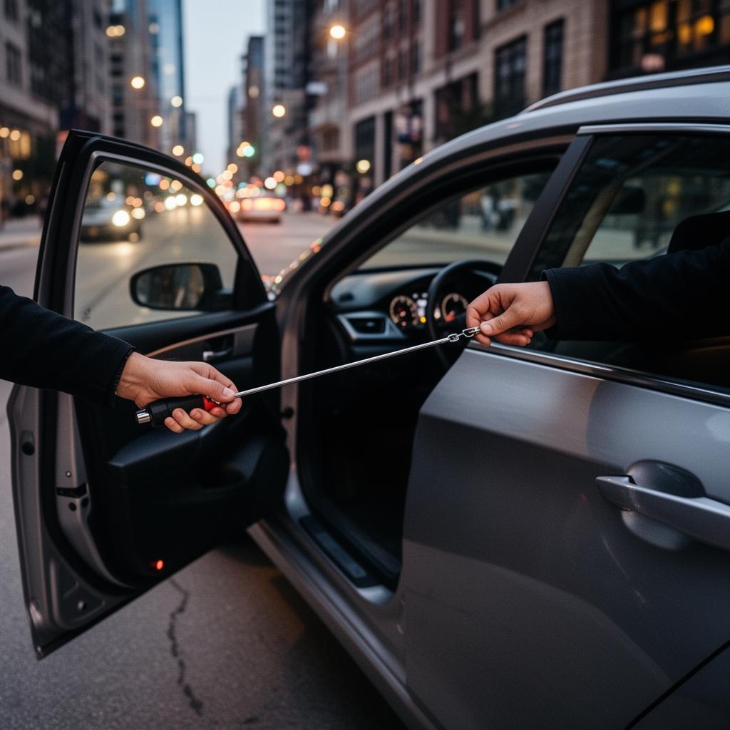 Locksmith unlocking a car in a Chicago parking lot