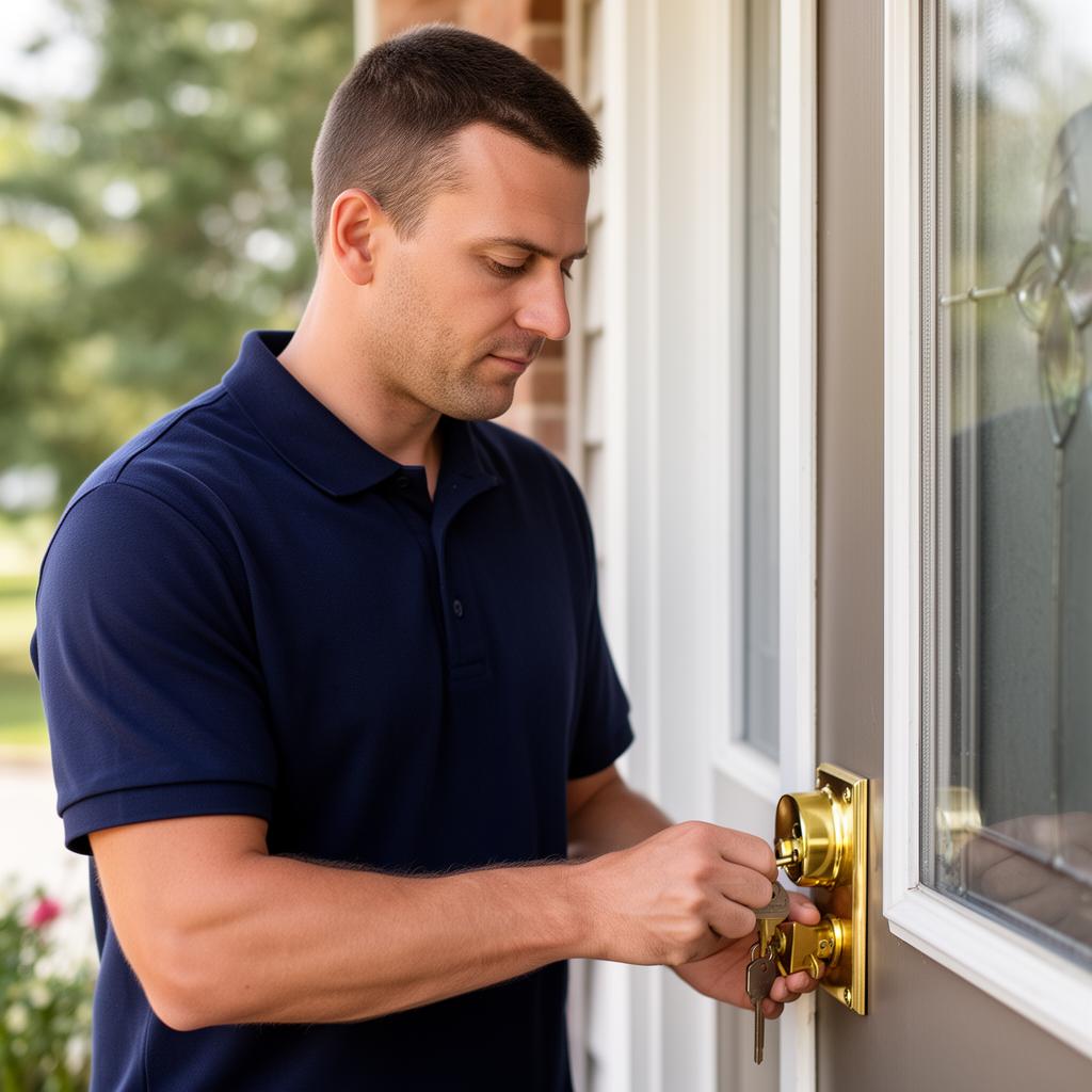 Locksmith helping homeowner unlock front door