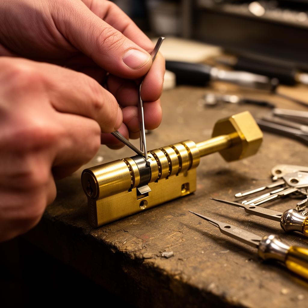 Hands rekeying a deadbolt lock cylinder
